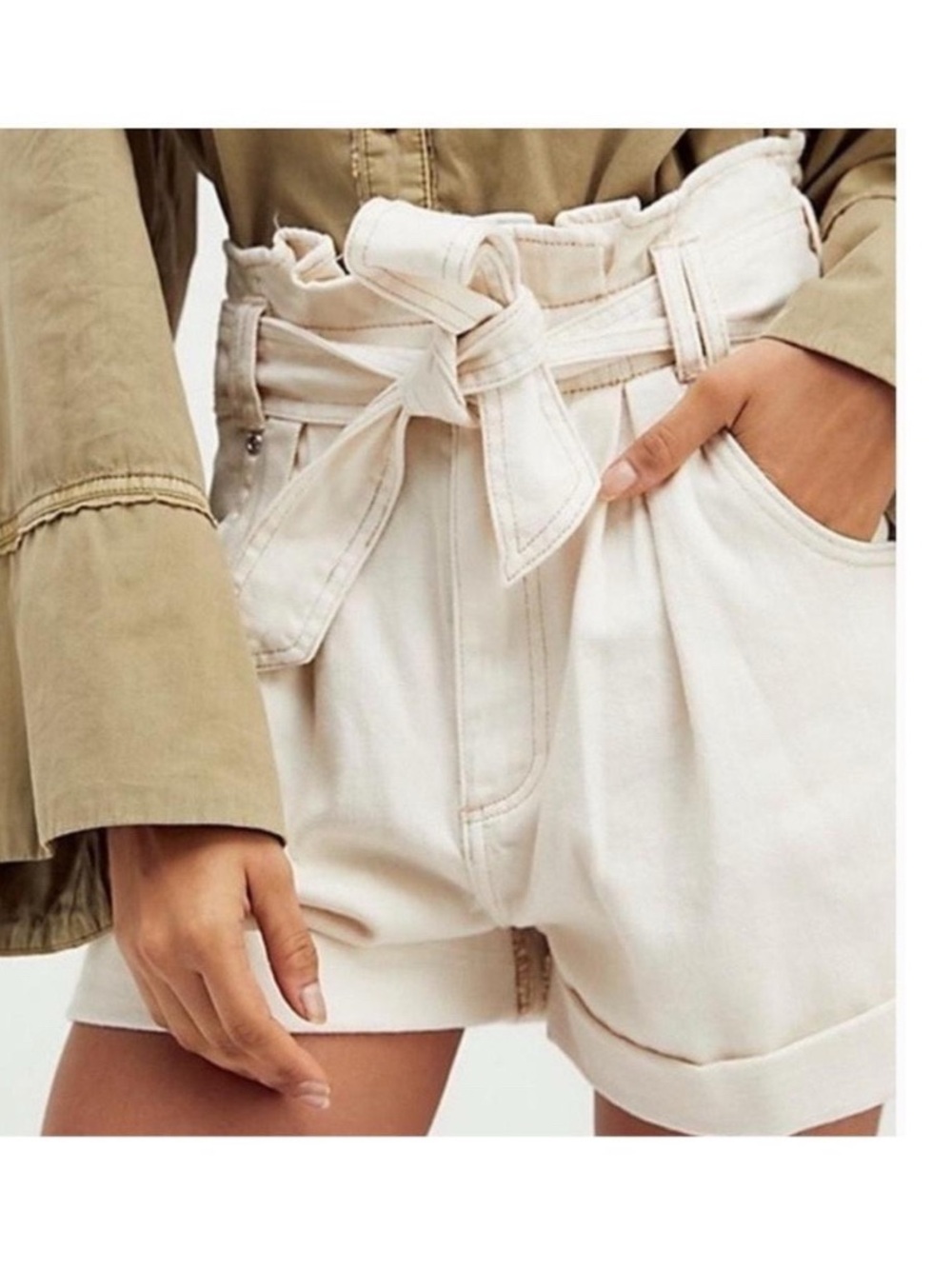 Free People We The Free Nova Denim Paperbag Shorts Plume Cream Medium Cotton